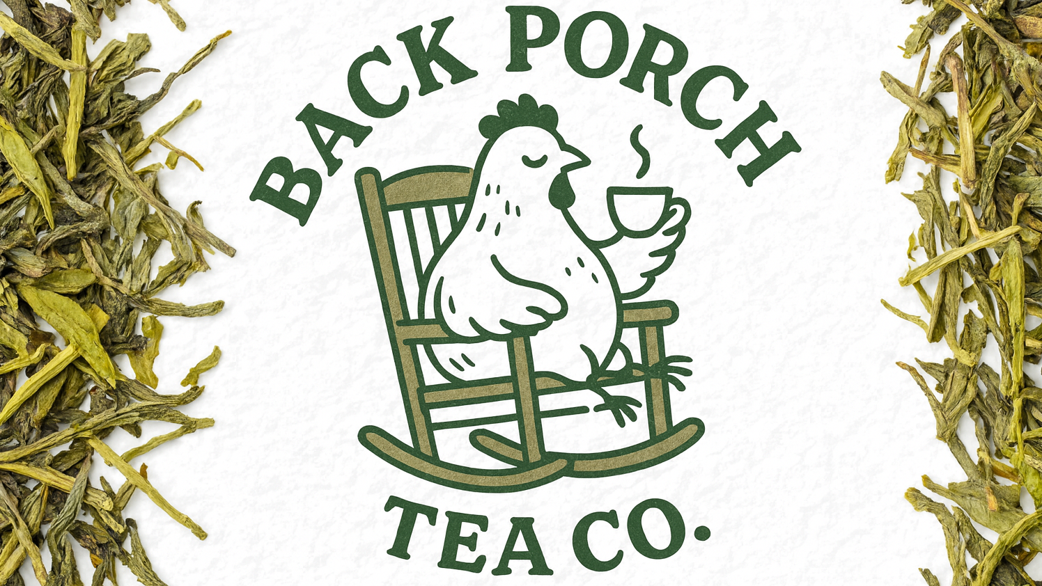 Back Porch Tea Co. logo with a chicken holding a tea cup and surrounded by tea leaves.